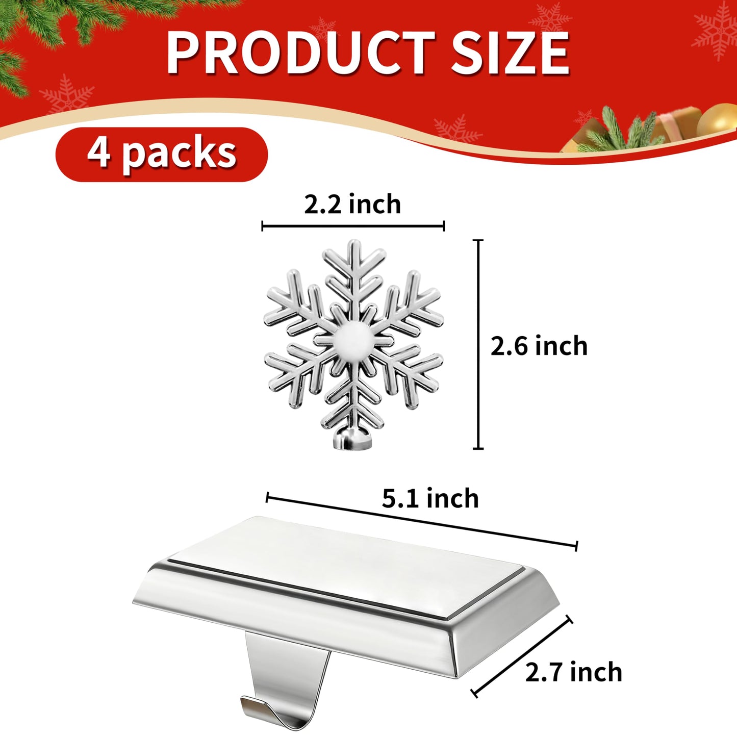 MNKXL Set of 4 Metal Christmas Stocking Holders for Mantle,Heavy Duty Weighted Stocking Holders for Mantle,Silver 3D Snowflake Stocking Holder for Tables Window Fireplace Christmas Decorations