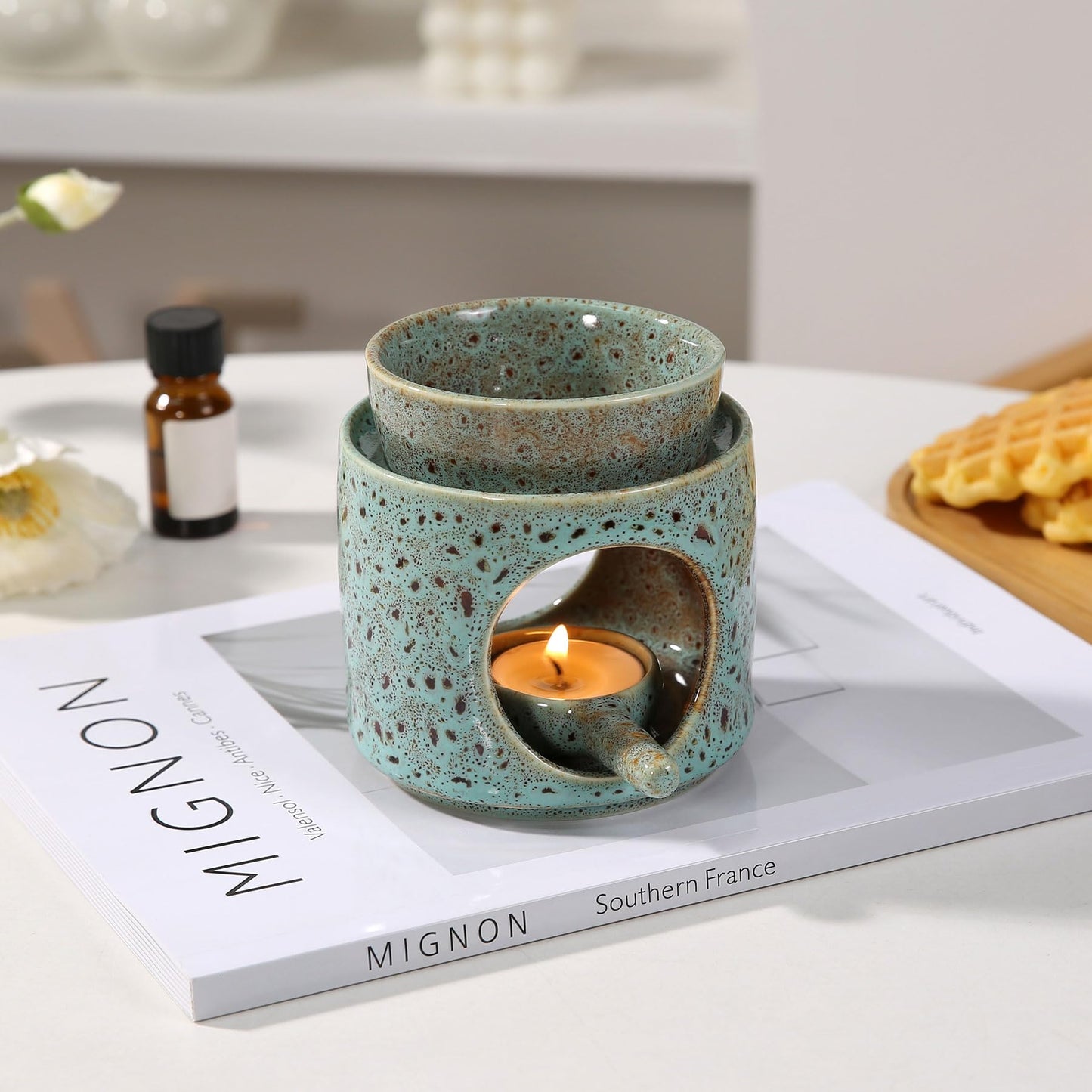 Auxmeware - Essential Oil Burner for Scented Oil, Oil Warmer, Tealight Wax Melt Warmer, Candle Diffuser, Tea Light Holder, Green