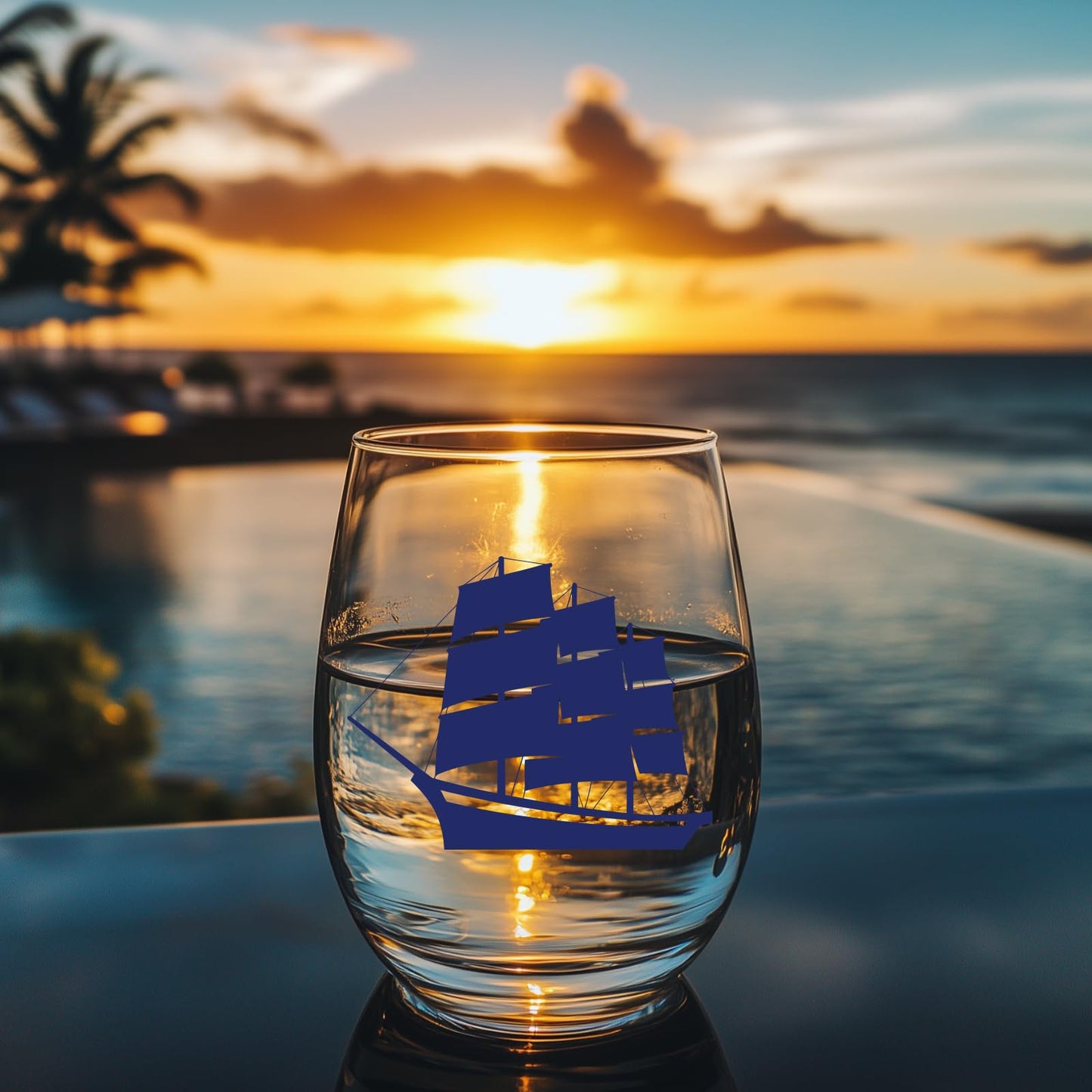 Nautical Stemless Wine Glasses Set of 4, Nautical Decor for Boaters, Sailors Birthday Gift, Anchor Compass Life Ring Helm Beach House Glasses 15oz, Coastal Ocean Marine Glasses for Wine or Cocktail