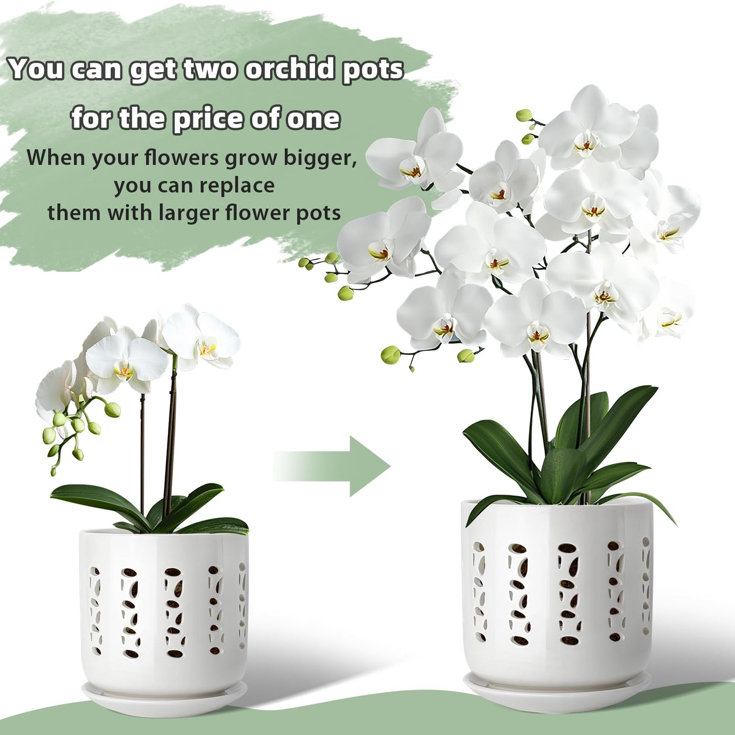 BUYMAX Ceramic Orchid Pots with Holes, 5 Inch+6 Inch Orchid Planter with Drainage Holes and Tray, Indoor Flower Pot for Repotting Orchids, Elegant White Glaze
