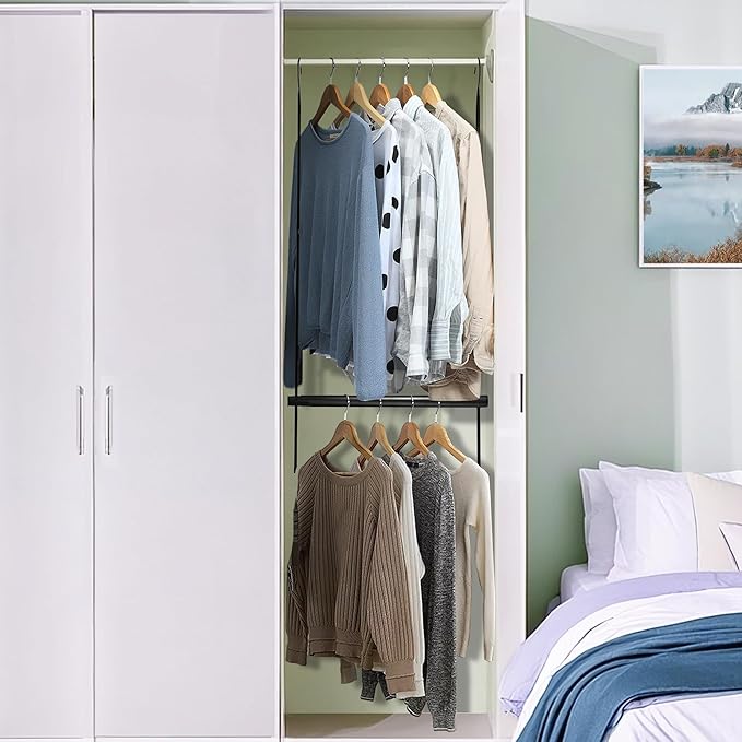 STORAGE MANIAC Hanging Closet Rod, Adjustable Width and Height Closet Hanging