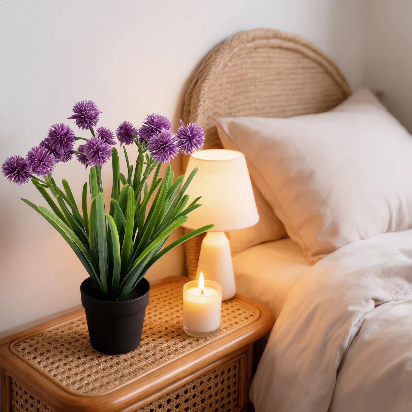MONOID Small Artificial Allium Plants Fake Purple Pompom Flowers Potted Faux Onion Grass in Black Pots for Shelf Desk Home Office Bathroom Farmhouse Table Decor (Lavender Purple)