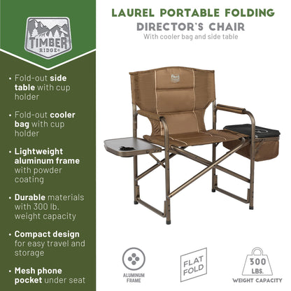TIMBER RIDGE Folding Camping Chair with Cooler Bag, Director Chair Foldable with Side Table for Adults, Camp Chairs for Outdoor, Lawn, Sports, Fishing, Heavy Duty Supports 300lbs, Earth Brown