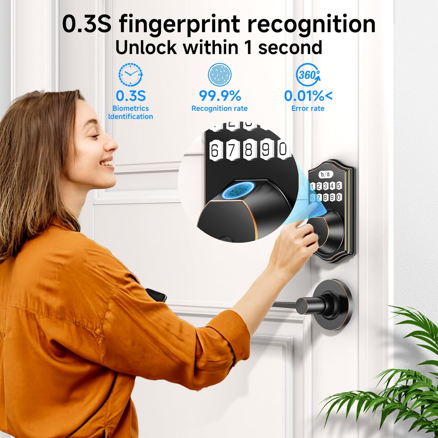 keyless Entry Door Lock deadbolt with Handle Set- Front Door Fingerprint Smart Locks with 2 Lever Handles-Keypad Code Deadbolt -App Control,Auto Lock,Easy to Install