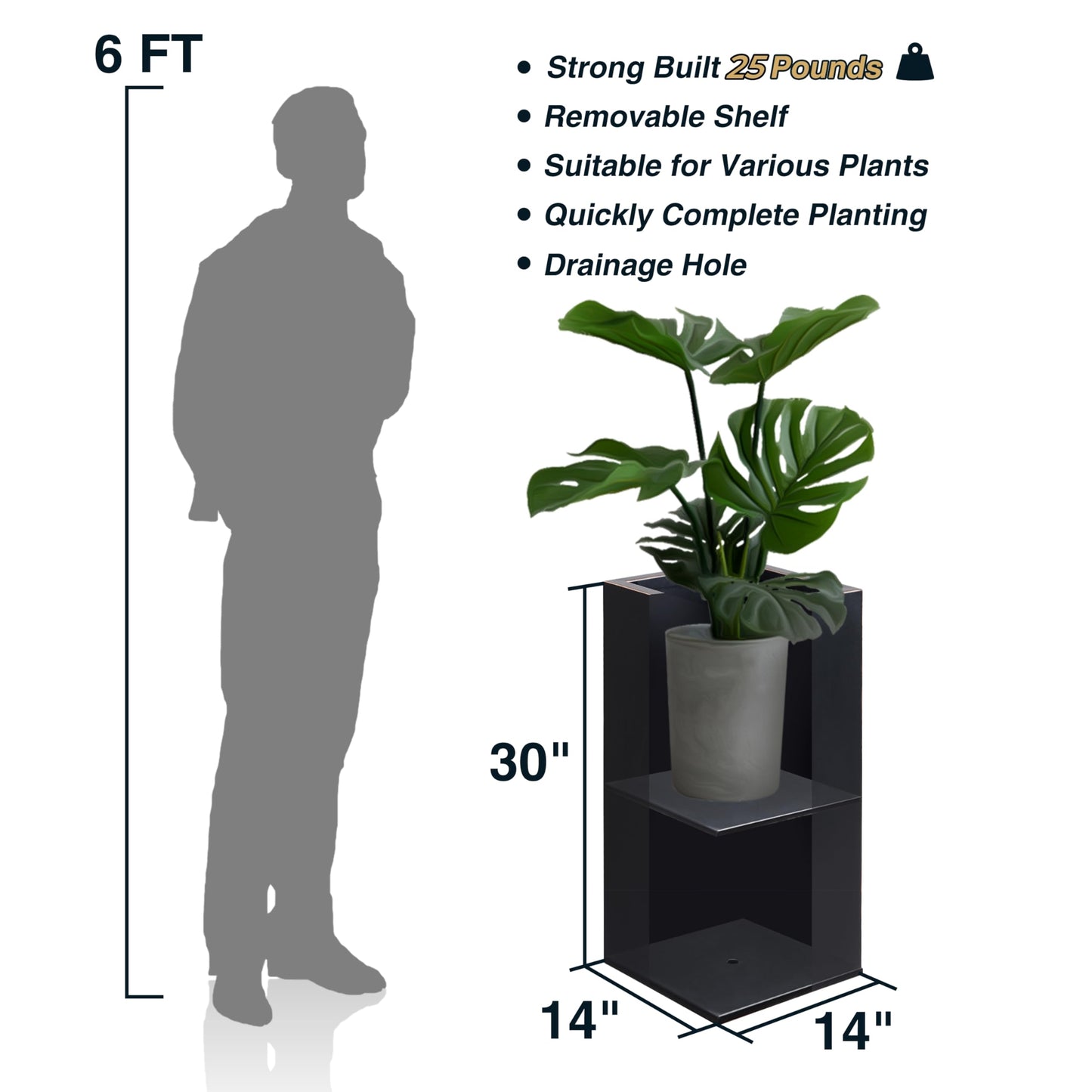 Wallowa Metallic Heavy Planter for Outdoor Plants, 14Lx14Wx30H Inches, Tall Metal Planter Box with Hand Brushed Gold Edge for Outside & Indoor, 25 Pounds, No Assembly and Seamless, Set of 2 (Black)