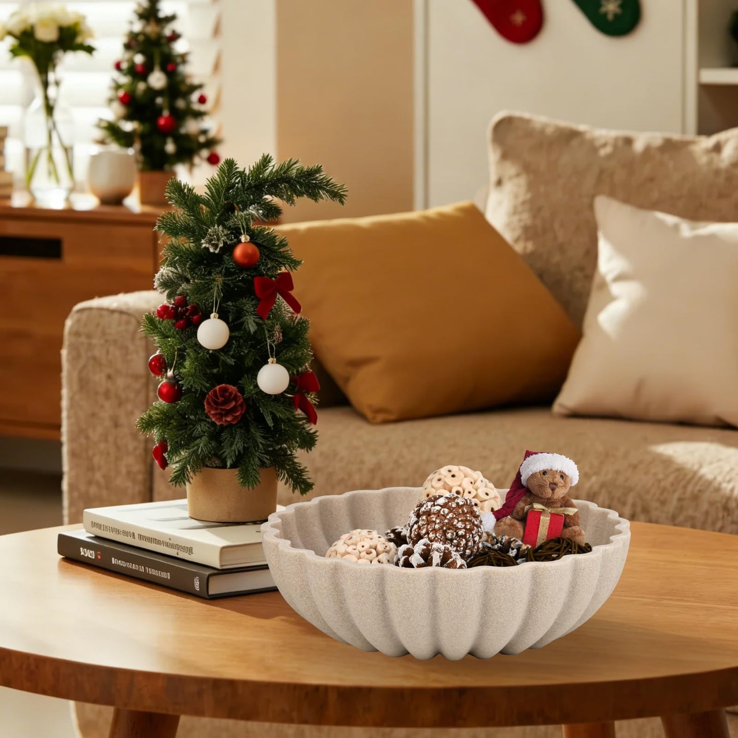 L'ARL GMVOI Large Decorative Bowl - Modern Handicraft Bowls for Home Decor - Fruit Bowl for Kitchen Counter - Key Bowl for Entryway Table - Ruffle Centerpiece Bowl Decor,Artificial Stone Beige