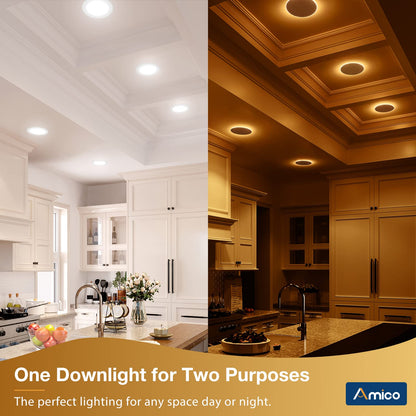 Amico 24 Pack 6 Inch 5CCT LED Recessed Ceiling Light with Night Light, 2700K/3000K/3500K/4000K/5000K Selectable Ultra-Thin Recessed Lighting, 12W=110W, 1100LM, Dimmable Canless Wafer Downlight ETL&FCC