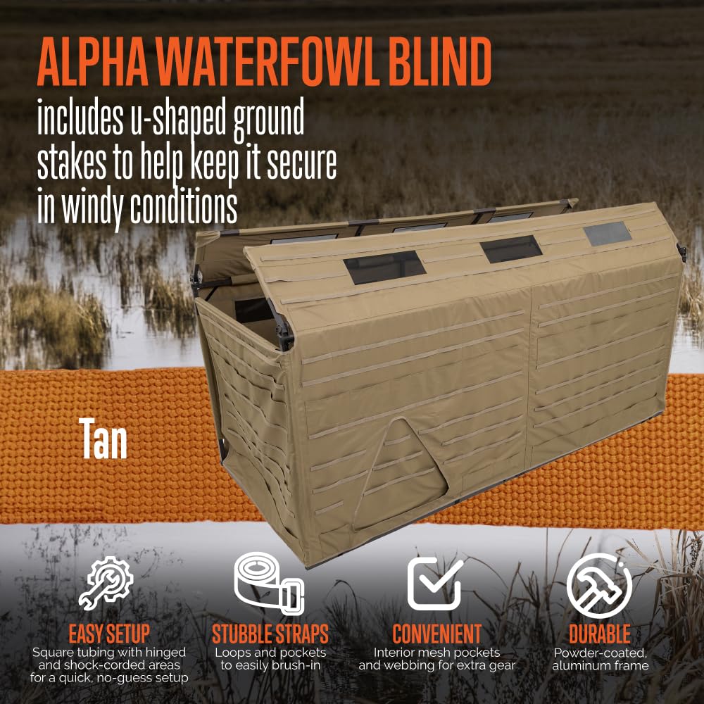 ALPS OutdoorZ Alpha Waterfowl Blind - Durable Hunting Blind in Tan, with Push Open Shooting Doors, Full-Length Side Access, Removable Gun Rests, Mesh Pockets, and Dog Doors