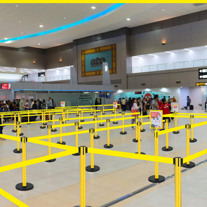 Therwen 6 Pack Heavy Duty Crowd Control Stanchions 9.8 ft Stainless Steel Stanchion Set with Safety Barrier Post Retractable Belt and Sign Holder Crowd Control Barrier(Yellow Belt, Yellow)