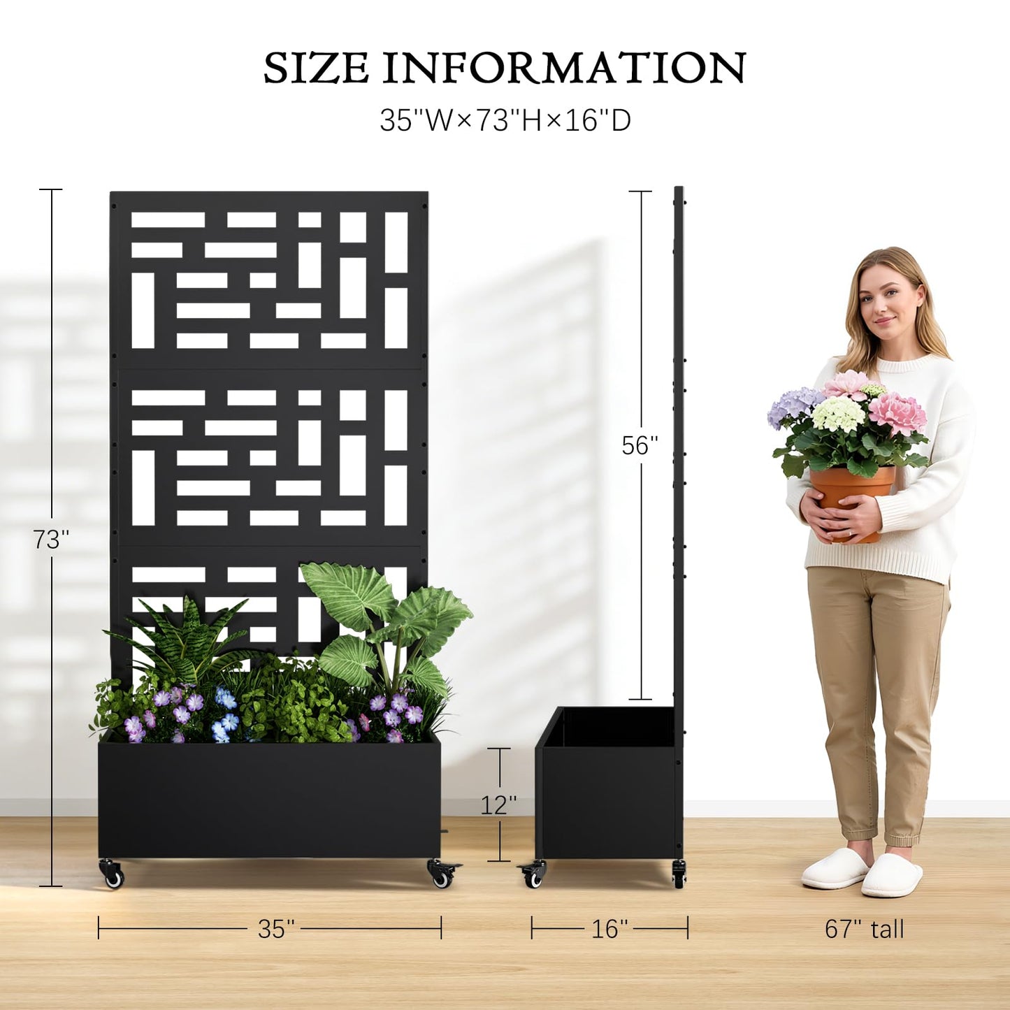 Baotree Metal Raised Garden Bed with Trellis and Wheels, 72"x 35"x 16" Privacy Planters for Patio, Planter Box with Drainage Holes for Climbing Plants, Flower, Vegetable (Black-Helen)