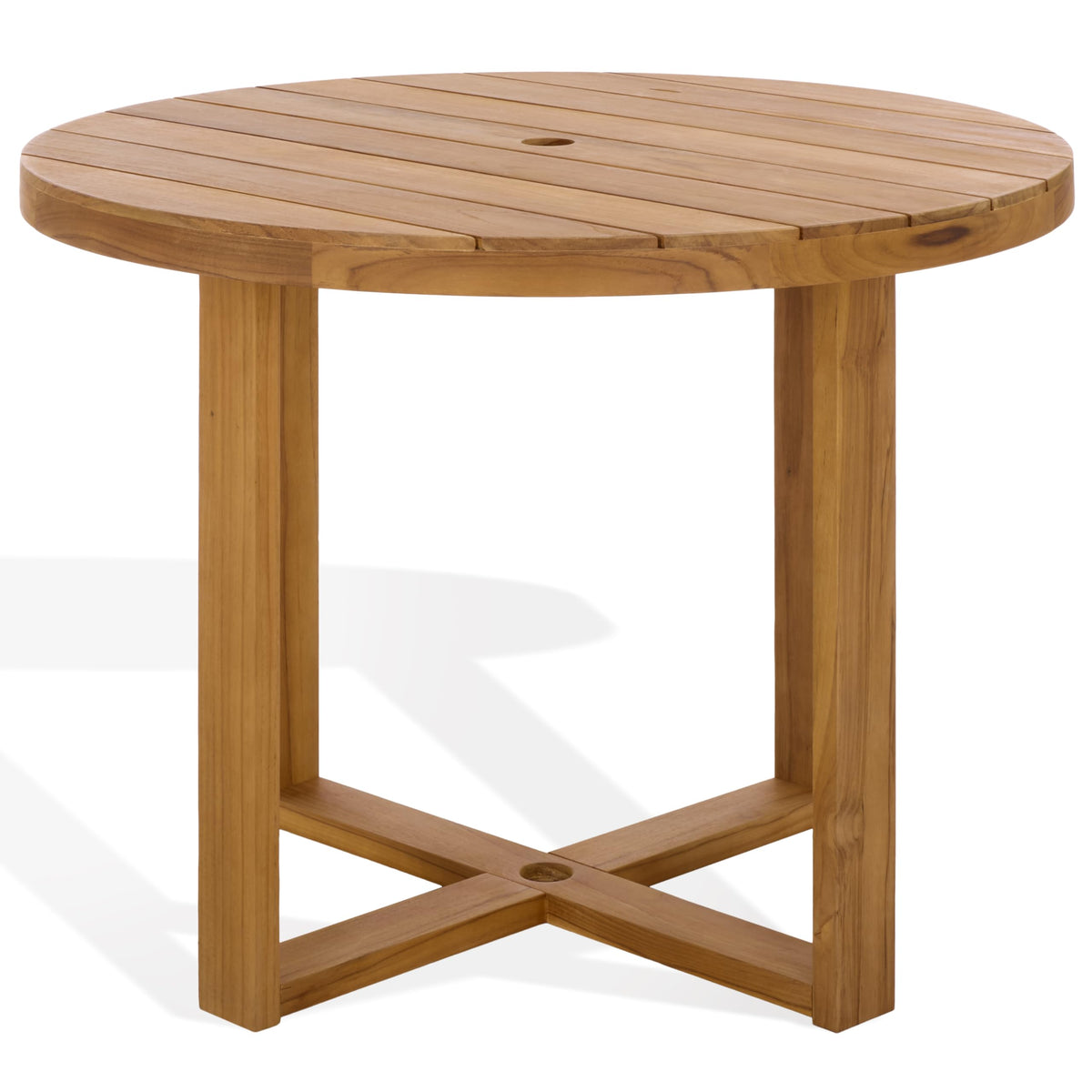 SAFAVIEH Couture Outdoor Patio Furniture Collection – Mayaguana Natural Teak Solid Wood Round Dining Table, Slatted Top with Umbrella Hole, Modern Outdoor Design (CPT1061A)