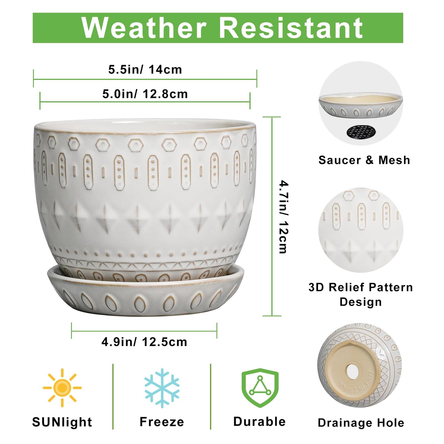 G EPGardening Ceramic Plant Pot - Succulent Pots with Drainage Hole and Saucer 5 Inch Planter for Indoor Plants Outdoor Decorative Round Flower Pot White