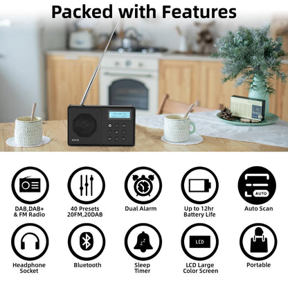 WOVTE DAB+ Digital Radio - Portable, Rechargeable & Mains Powered with Bluetooth, 40 Presets, LED Display, Alarm Clock, Sleep Timer & Headphone Socket