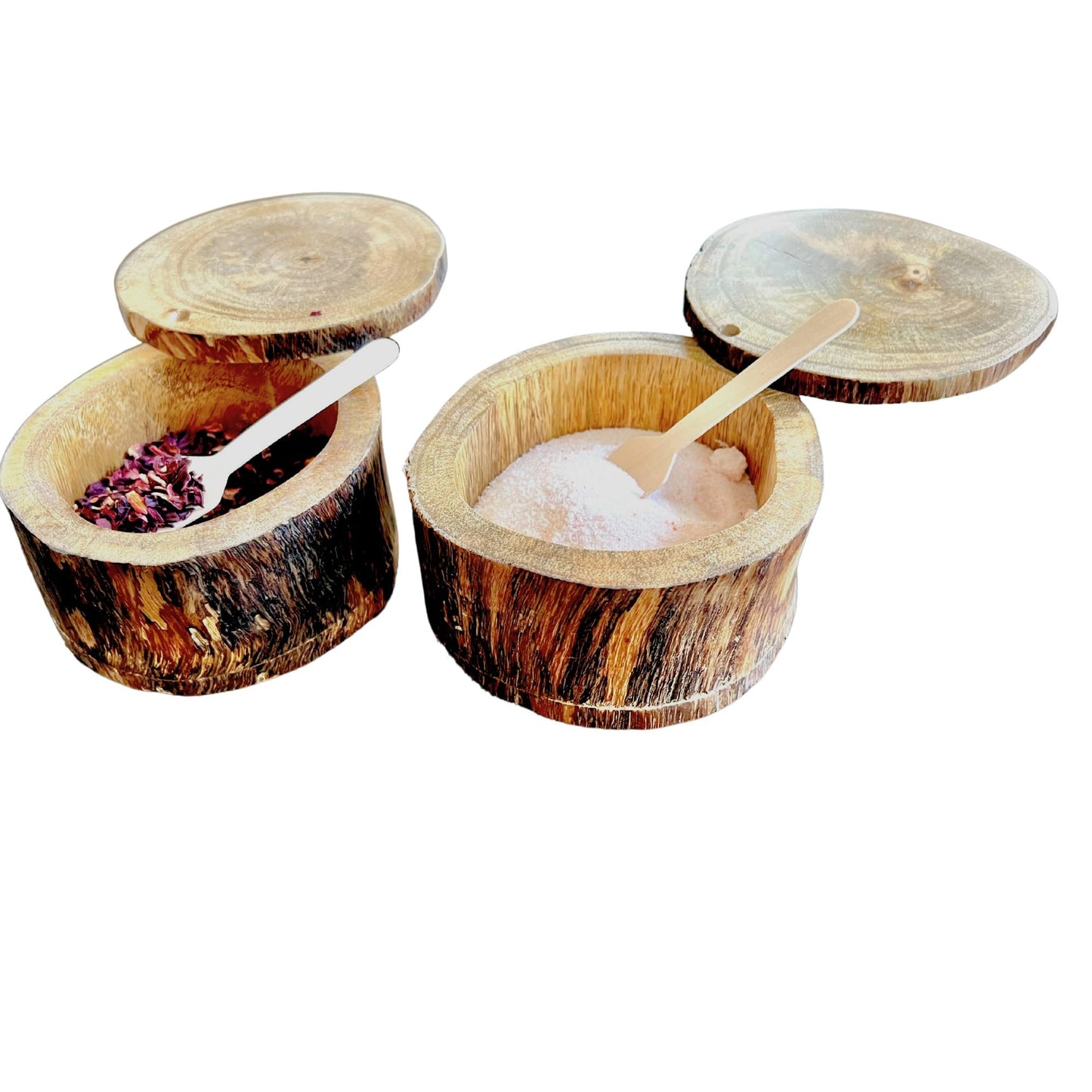 Handcrafted Rustic farmhouse Wood Salt or Pepper Bowl for Countertop, Salt herbs spice pot wood salt and pepper box includes spoons, Condiment Container, Loose tea container, Modern Kitchen Decor (2)