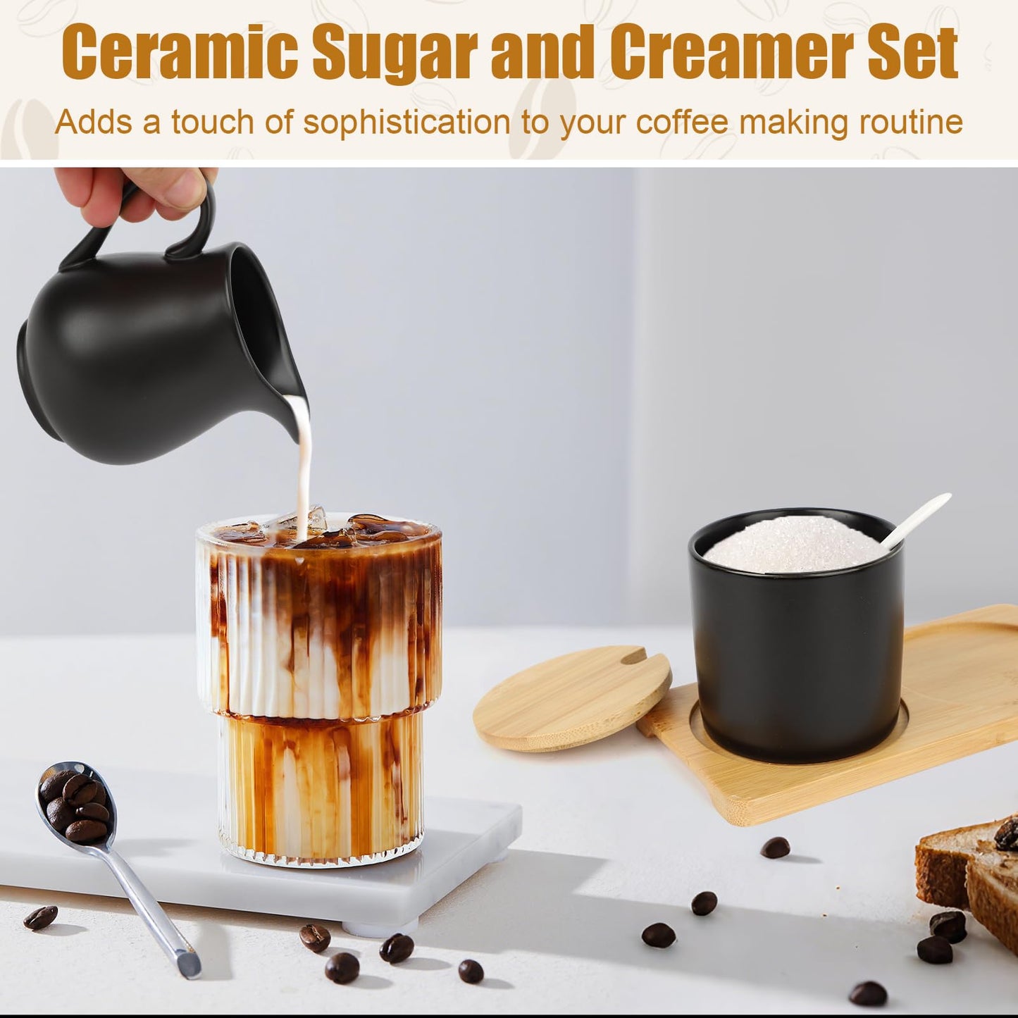 Ceramic Sugar and Cream Serving Set with Lid and Spoon, Coffee Serving Set Coffee Bar Accessories 9oz Creamer 8.45oz Sugar (Black)