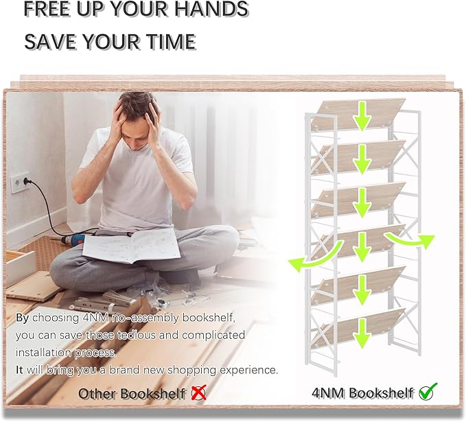 4NM 6 Tiers No Assembly Book Shelves, 61.8" H Folding Bookshelf Bookcase Open