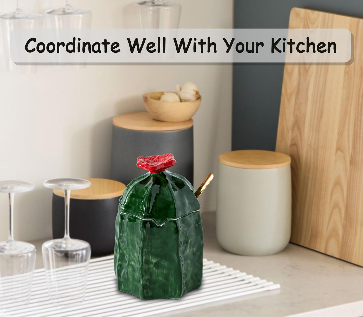 dgudgu Cactus Salt Cellar With Lid Ceramic Salt Container With Lid And Spoon Cute Salt Holder Elegant Salt Container For Countertop