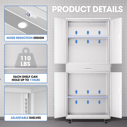 DNA Motoring 73'' Metal Storage Cabinet, Rolling Garage Cabinet with 1 Drawer and Adjustable Shelves, Lockable Heavy Duty Metal Locker for Garage,Office,Home,White, TOOLS-00630-WH-WH-A