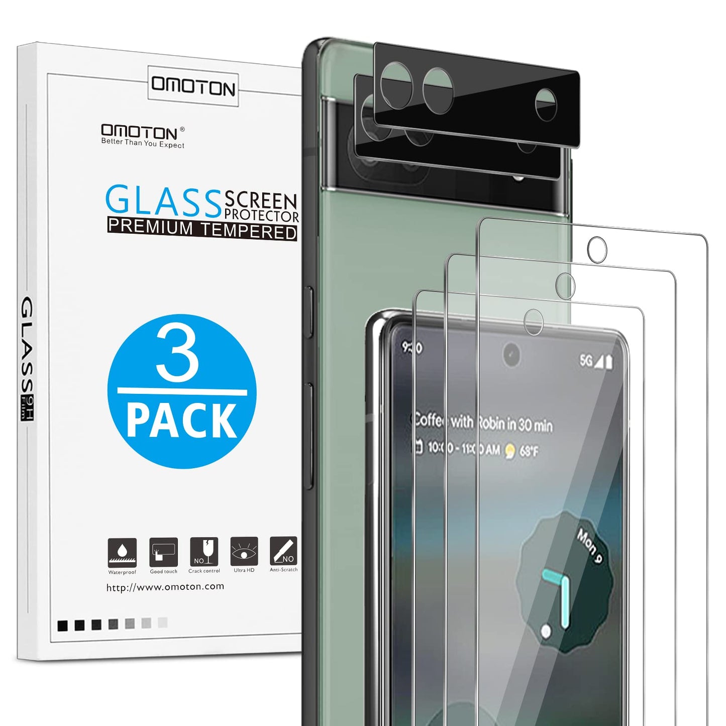 OMOTON 3+2 Pack for Google Pixel 9 Pro XL Screen Protector 6.8 Inch, 3 Tempered Glass Film & 2 Camera Lens Protector, Bubble-free, HD Clear, Not for 9 Pro/ 9