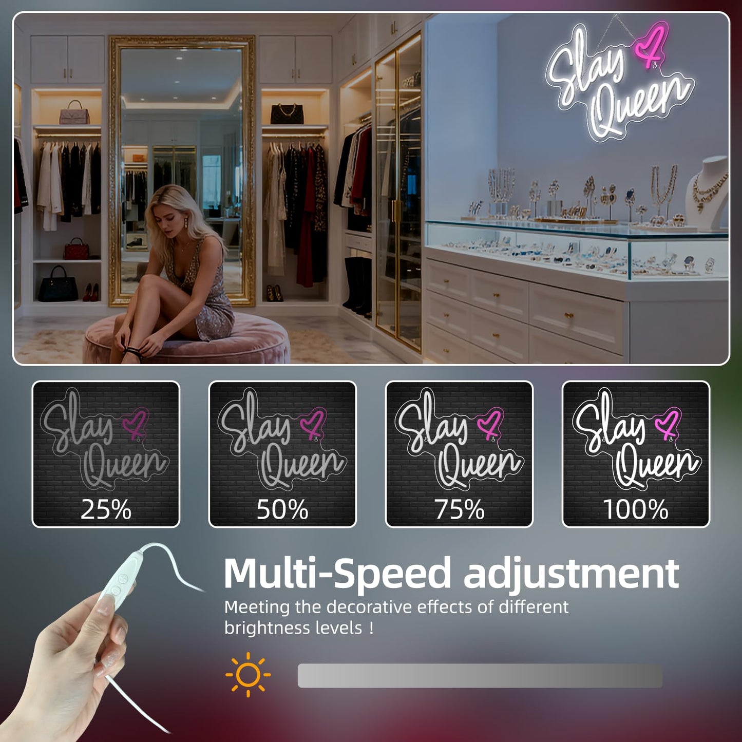FAXFSIGN Slay Queen Neon Sign White Pink LED Neon Light Up Signs for Wall Decor Usb Neon Light for Bedroom Preppy Girl Aesthetic Room Dorm Decor Y2k Party Gifts