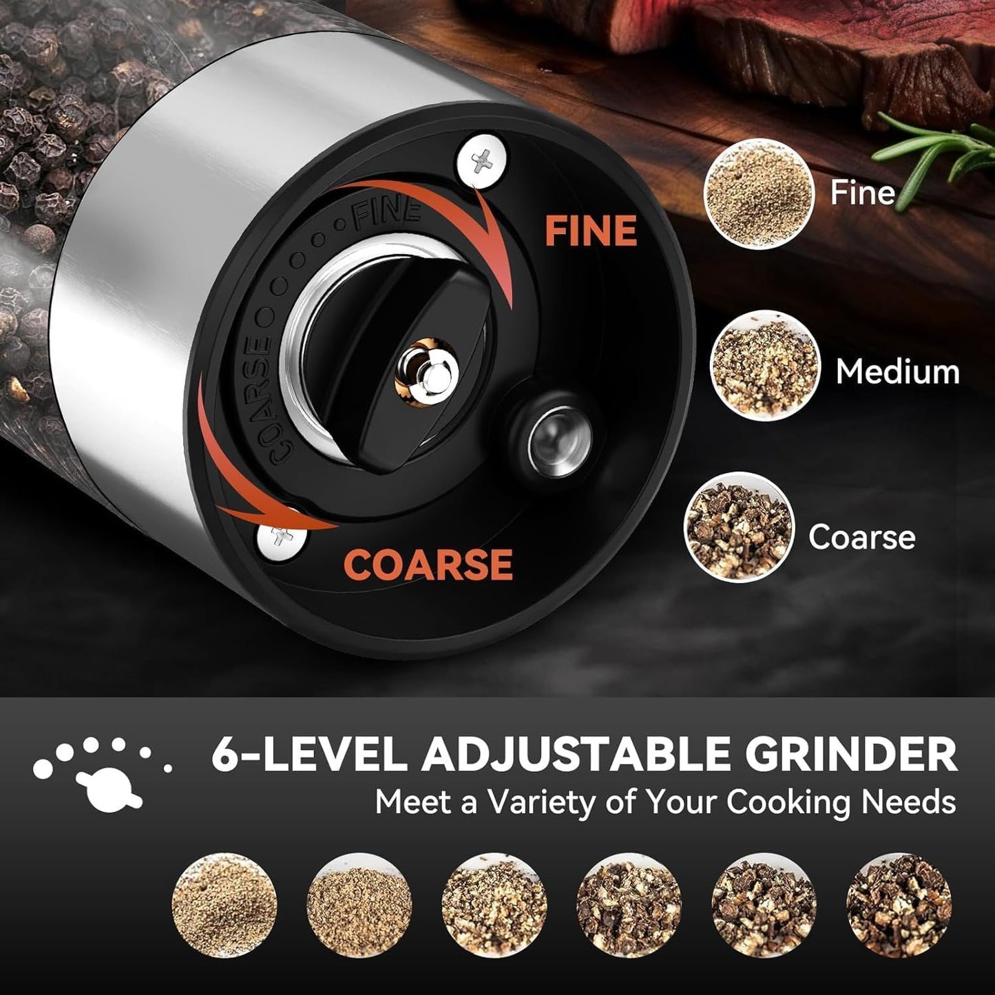 Electric Salt and Pepper Grinder Set Rechargeable, Yumcian Automatic Shakers Set with Adjustable Coarseness and LED Light, Stainless Steel Mill Set, Upgraded Larger Capacity
