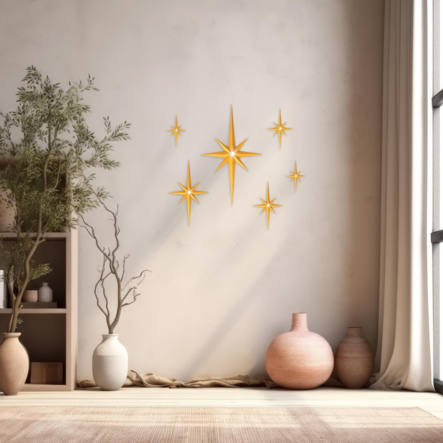 BreezeHug 6 Pcs Mid Century Modern Home Decor Star Art Wall Sculpture with Rhinestone Retro 3D Plastic Star Art Wall Sculpture Bling Diamonds Decor for Home Office Bedroom Entryway(Gold)