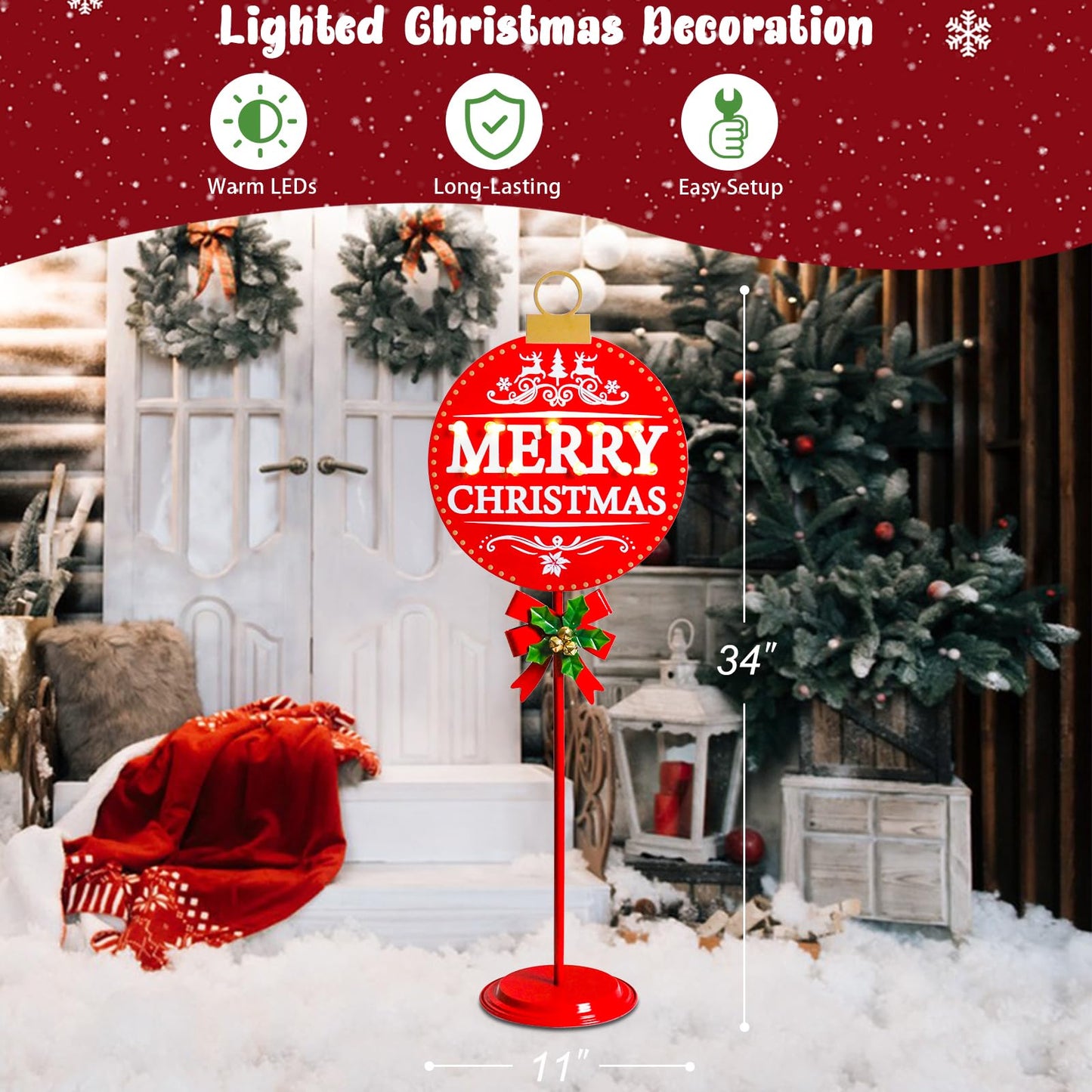 Vigdur Merry Christmas Sign - 34" Lighted Metal Holiday Ball Decoration Battery Operated with Timer, Christmas Yard Decorations for Indoor Outdoor Yard Lawn Party Holiday Décor