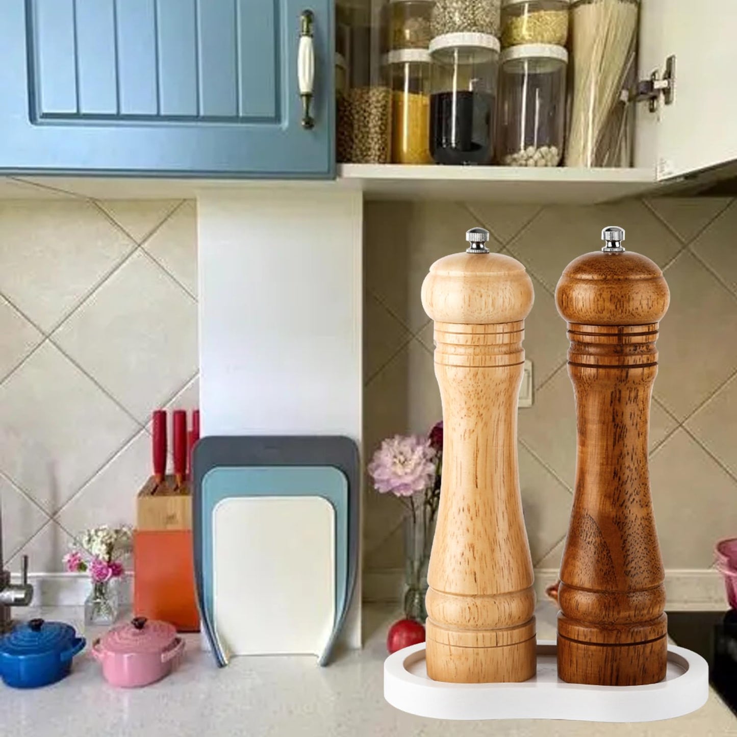 BINHAI Salt and Pepper Wood Mill Tray, White colour Pepper Grinder Rest, Work Surface and Dining Table Protector (Pepper mill not included)