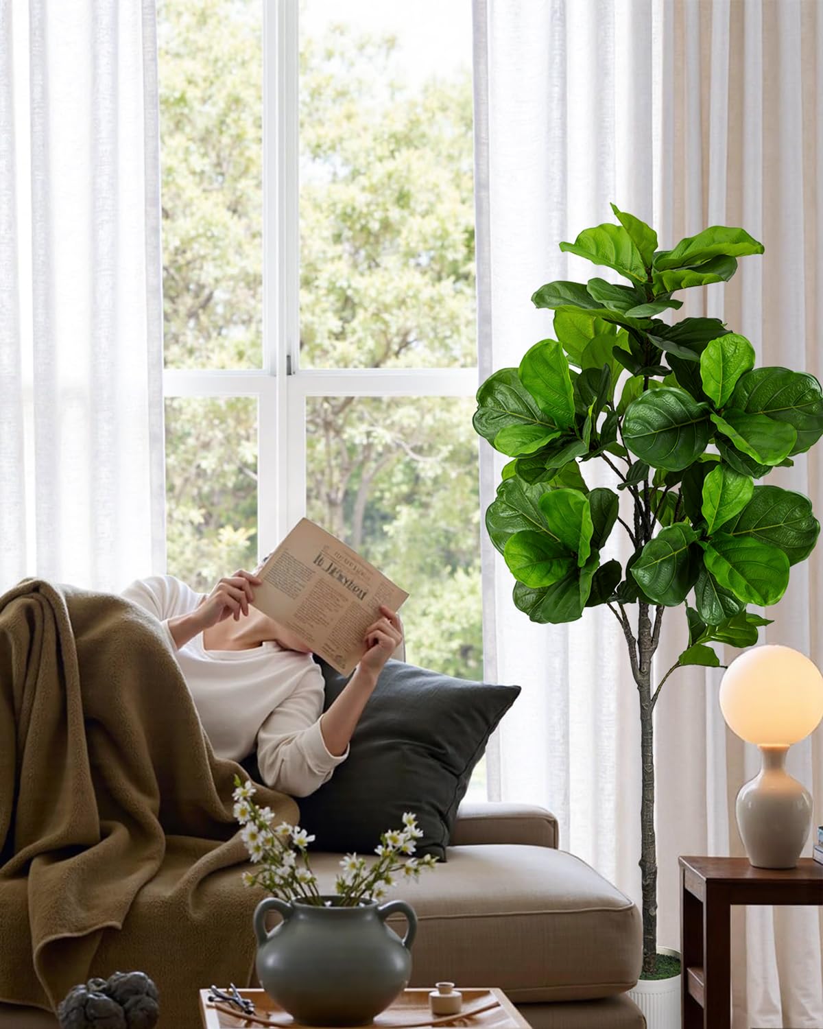 LuceAlberi Artificial Fiddle Leaf Fig Tree 6FT - Large Fake Tree with White Planter, Tall Faux Ficus Lyrata Tree Floor Plants for Indoor Home Decor Office Living Room Housewarming Gift, 1Pack