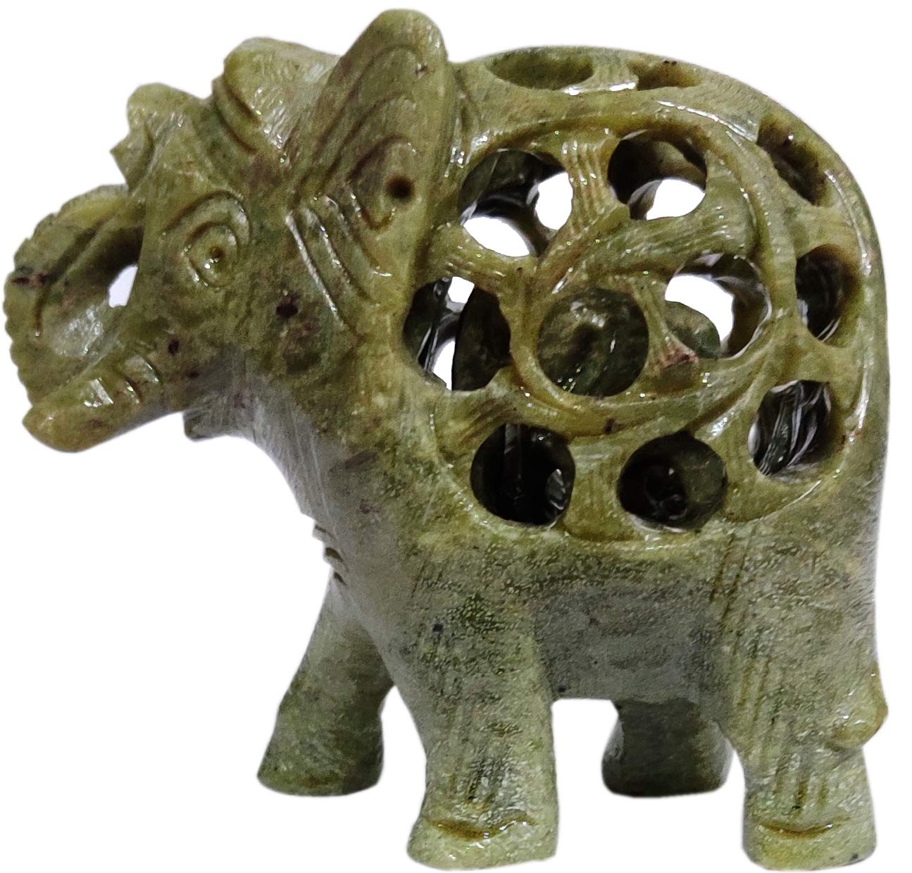 Purpledip Soapstone Statue Nested Elephants: Lattice Design Jaali Work Mesh Sculpture (11662)