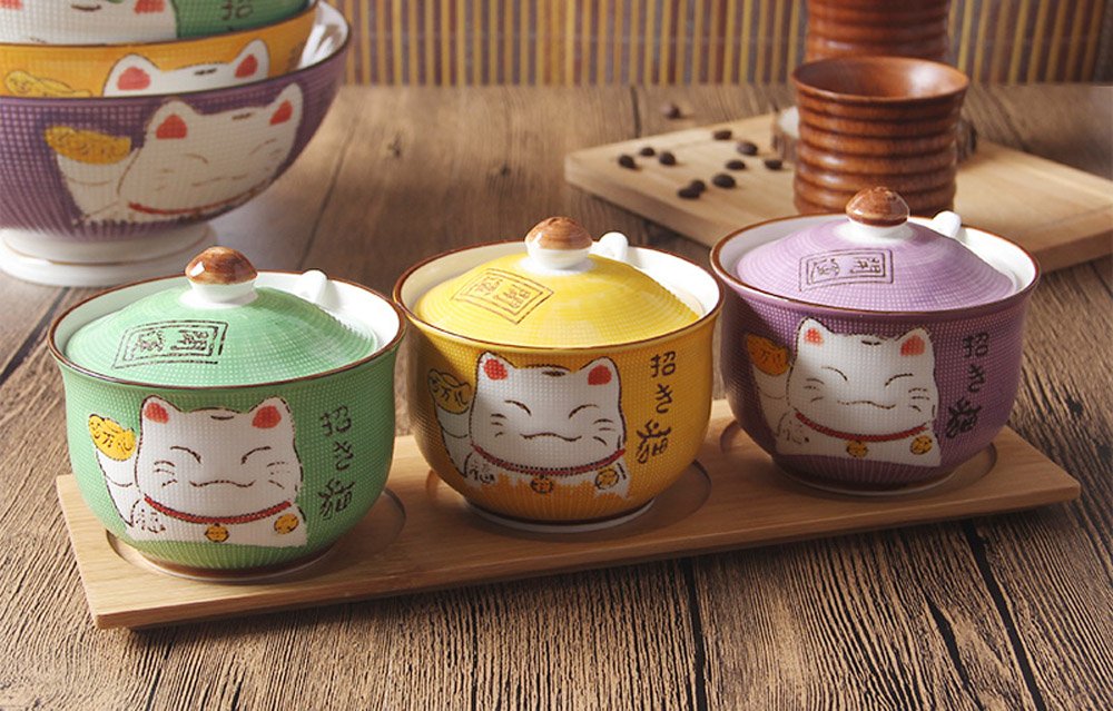 Ceramics Japanese Maneki Neko Lucky Cat Sugar Salt Pepper Storage Jar with Lid And Spoon