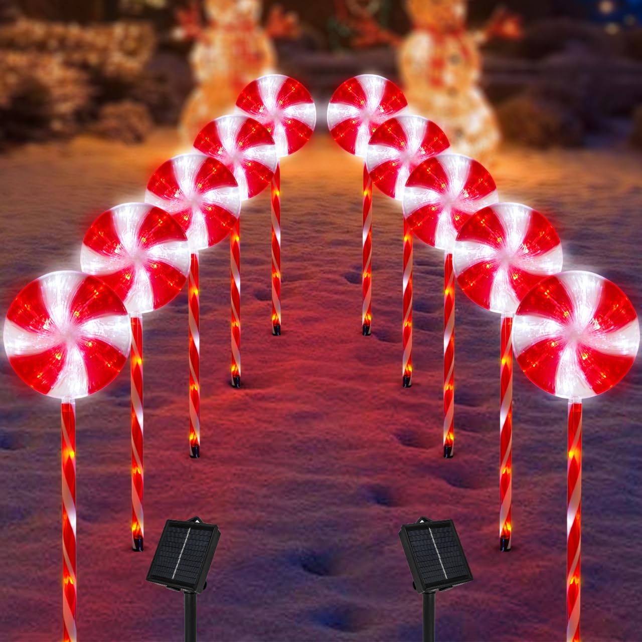 Outdoor Christmas Decorations Solar Pathway Lights, Set of 10 Lollipops Peppermint Stake Lights, 8 Modes Candy Cane Walkside Lights, Outdoor Xmas Decoration for Walkway,Yard (10PCS-Red)