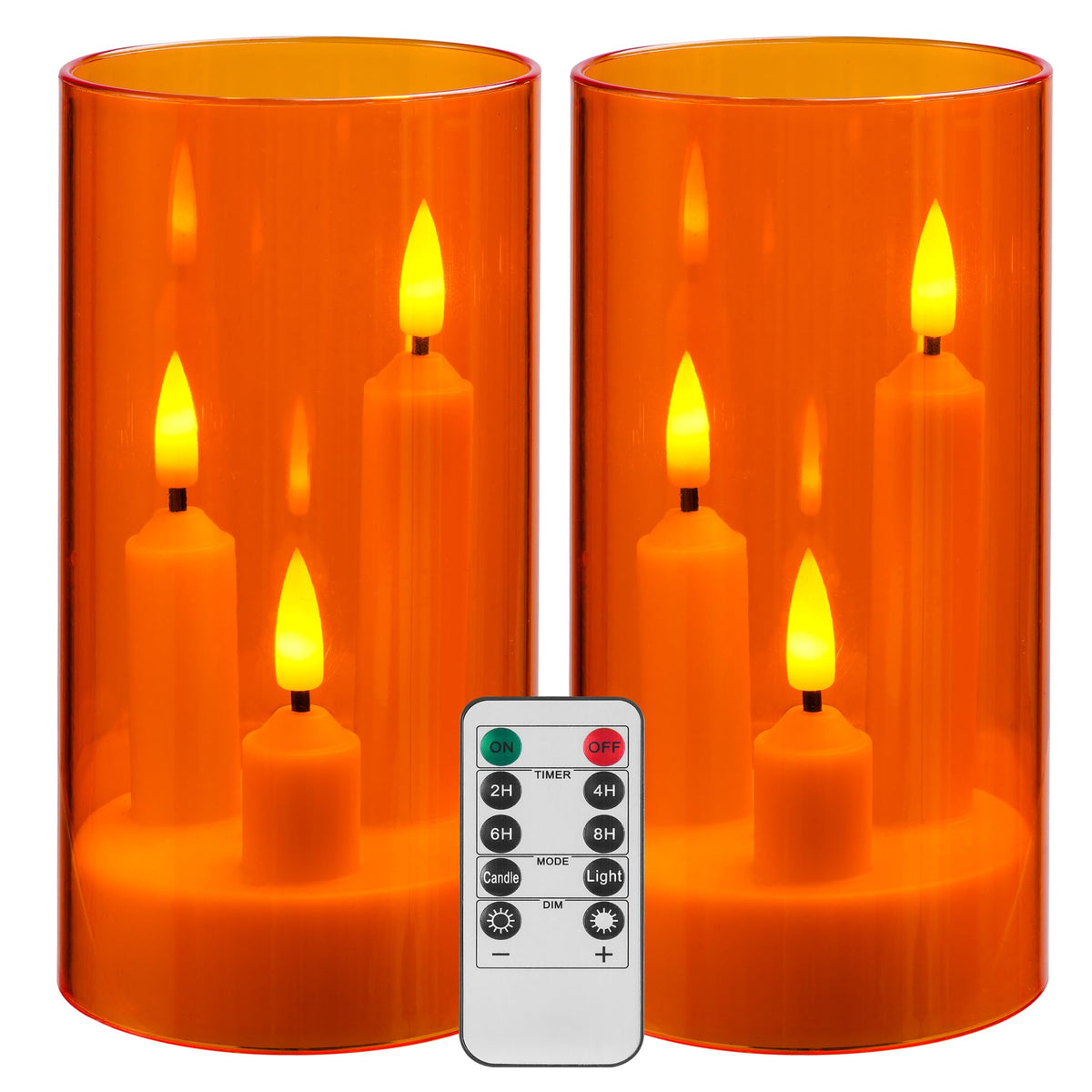 Da by 2 Pack 3D Wick Flameless Taper Candles, Orange Transparent Acrylic Cover, Remote Control Flickering LED Electric Candles, Battery Operated for Halloween Thanksgiving Christmas Home Decor.