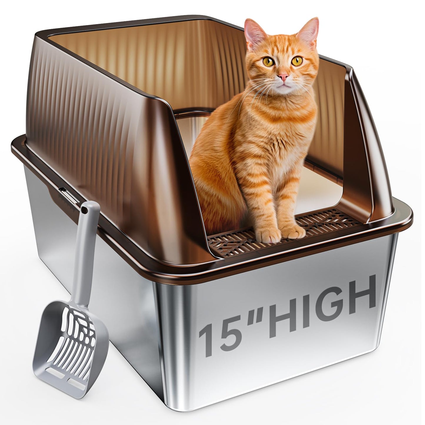 Tripamin 15” XL Stainless Steel Cat Litter Box Enclosure, XXL Stainless Steel High Sides with Lid, Extra Large Metal Cat Litter Box, Anti Leakage, Non-Sticky, Easy Cleaning, Includes Scoop