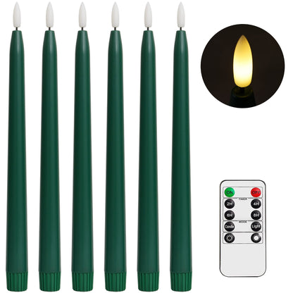 Stmarry Green Flameless Taper Candles with Remote Control - 11 Inch LED Candlesticks Battery Operated, Realistic 3D Flame with Wick, Timer, Christmas Decor - Set of 6