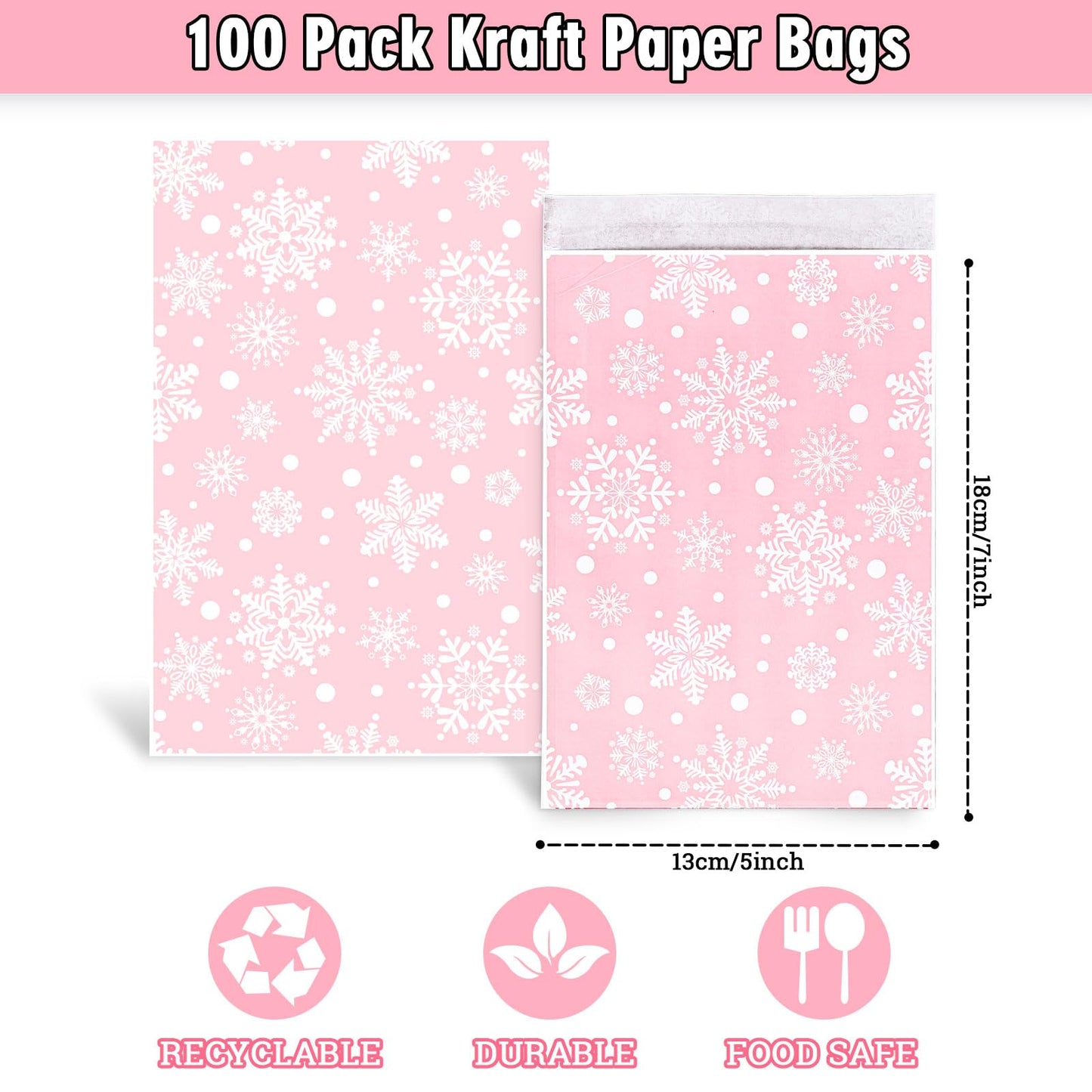 Whaline 100Pcs Winter Snowflake Treat Bags Pink Self-Adhesive Snowflake Candy Buffet Paper Bag Goodie Snack Gift Bags for Xmas Holiday Party Favors