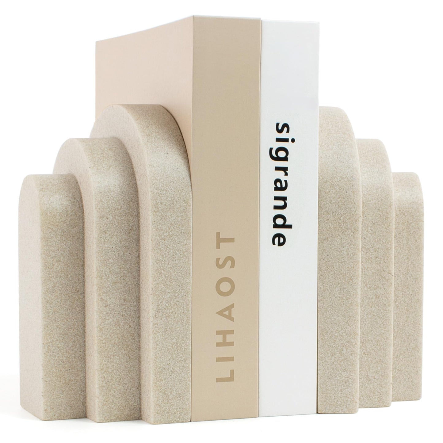 LIN CHUAN Heavy Duty Bookends for Shelves, 6.6 LBS Heavy Book Ends for Heavy Books, Decorative Modern Bookends with Faux Sandstone Look, Layered Arch Book Stopper for Bookshelf Holder Set of 2, Beige