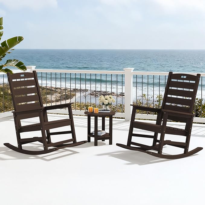 SERWALL Outdoor Rocking Chair, Oversized Rocking Chair with Footrest for Adults, HDPE All Weather Resistant Rocking Chairs for Patio, 350lbs Weight Capacity, Coffee