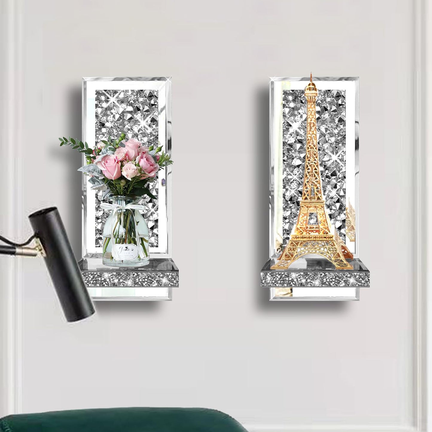 ZOLAPI Set of 2 Crystal Crush Diamond Candle Sconces, Gorgeous Silver Mirrored Wall Sconce, Candle Holder Glass Wall Decorations for Home Décor, Living Room, Dining Room. 1A