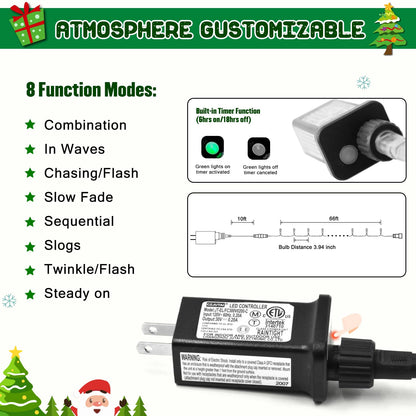 JMEXSUSS 200 LED White Christmas Lights Outdoor, 66ft Connectable Christmas Tree Lights Indoor Green Wire, 8 Modes Waterproof Twinkle String Lights Plug in for Wedding Party Xmas Decorations