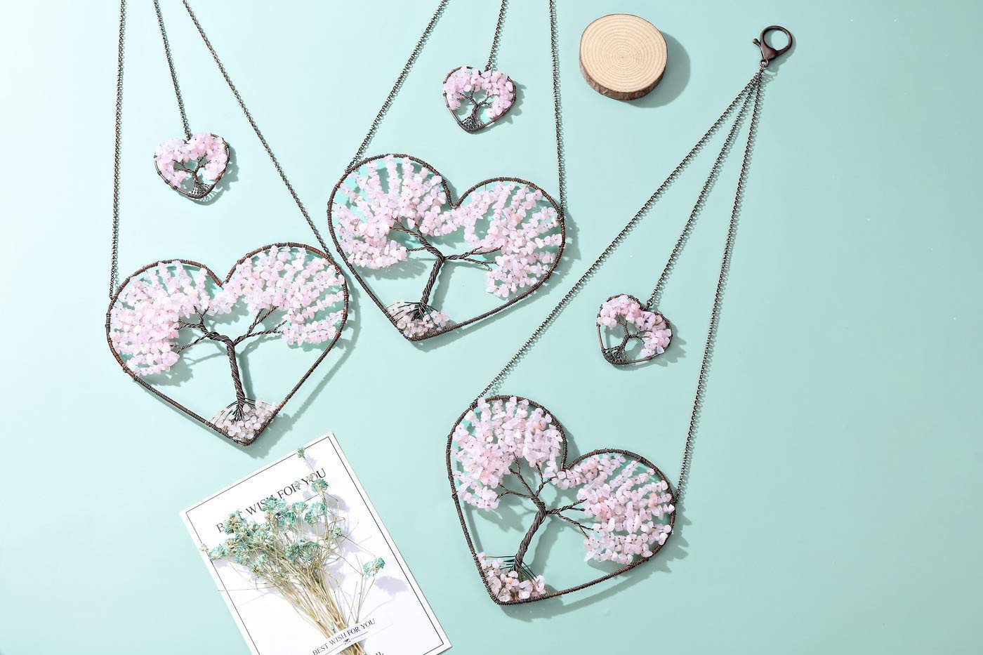 PESOENTH Rose Quartz Crystal Tree of Life Heart Wall Hanging Decor Gifts for Women,Bohemian Pink Healing Crystals Reiki Stones Ornaments Spiritual Gifts Christmas Tree Home Hanging Decorations