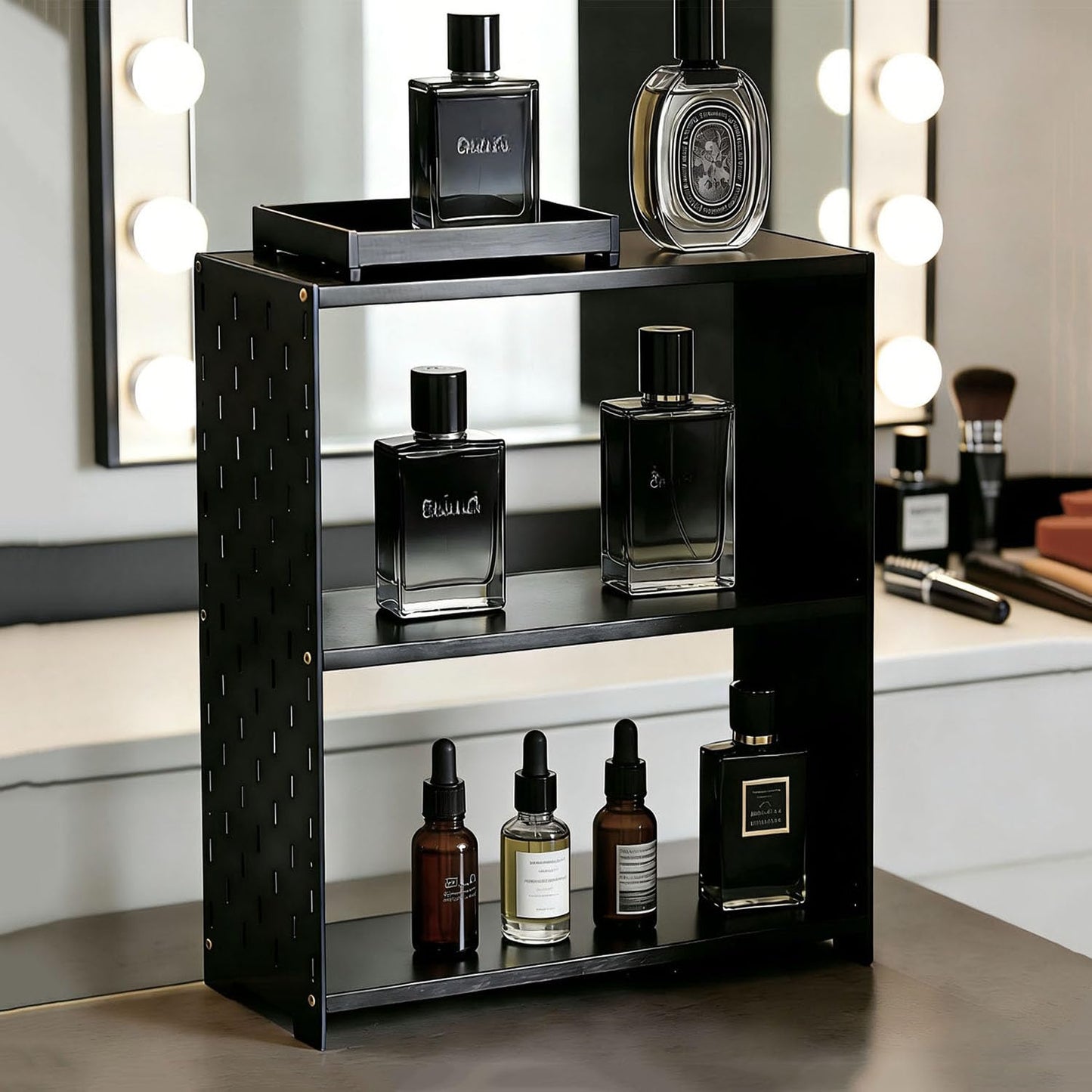 SANRETAHO Bamboo Cologne Organizer for Men, 3-Tier Perfume Organizer, Makeup Display Shelf for Vanity, Bathroom Counter Organizers and Storage Shelf, Black