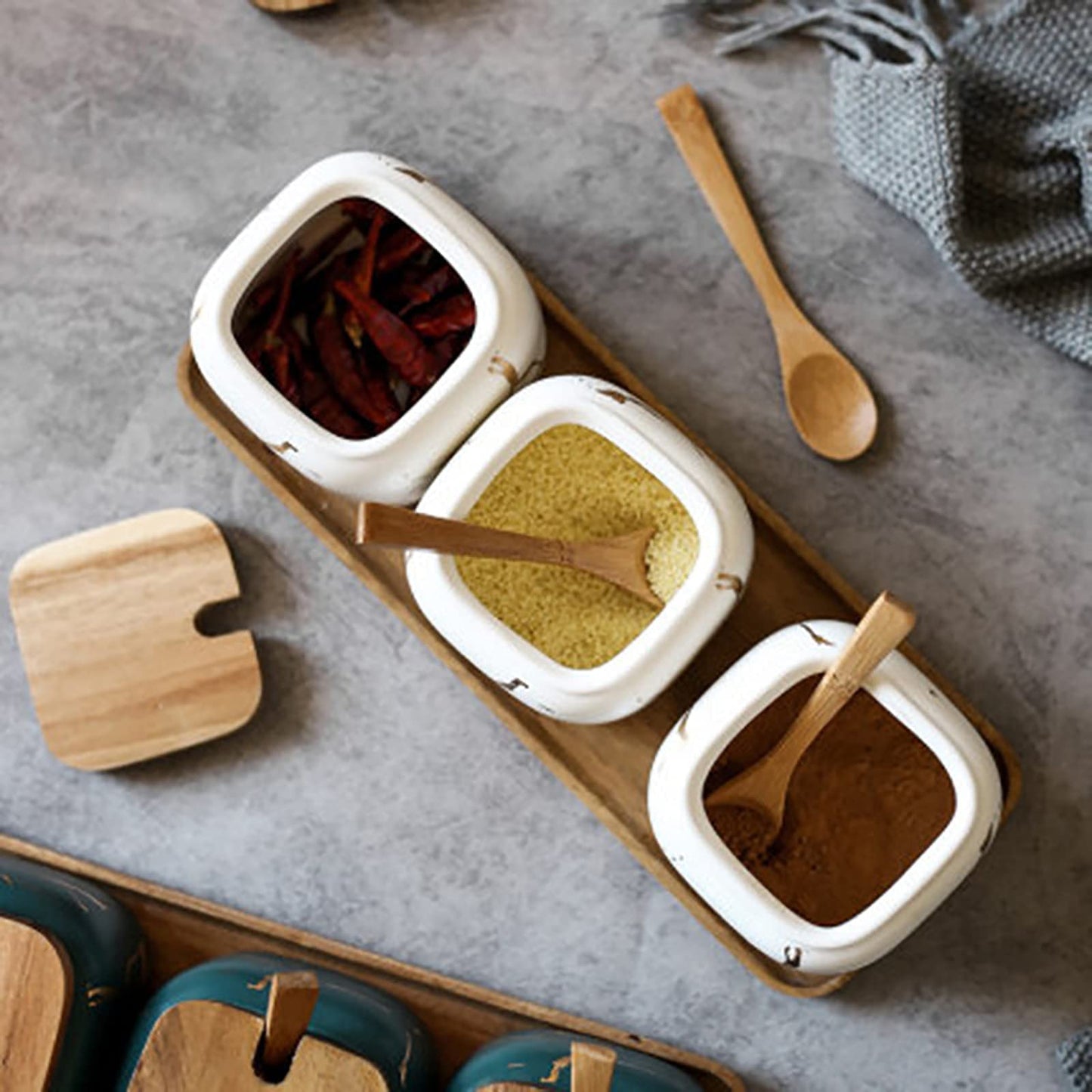 KIDYBELL Ceramic Spice Jars Porcelain Condiment Jars Set Marble Ceramic Seasoning Box 3pcs Condiment Pots for salt, sugar, pepper Kitchen Seasoning Condiment Jar Set