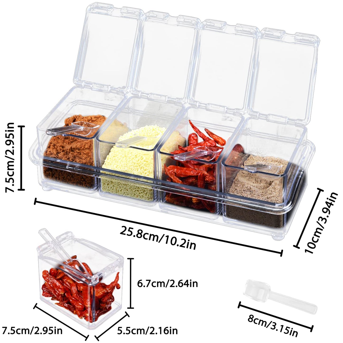 JLNGTHONG Clear Spice Containers, 4 Pieces Condiment Container with Lids for Salt Sugar, Acrylic Spice Rack Spice Container with Spoon
