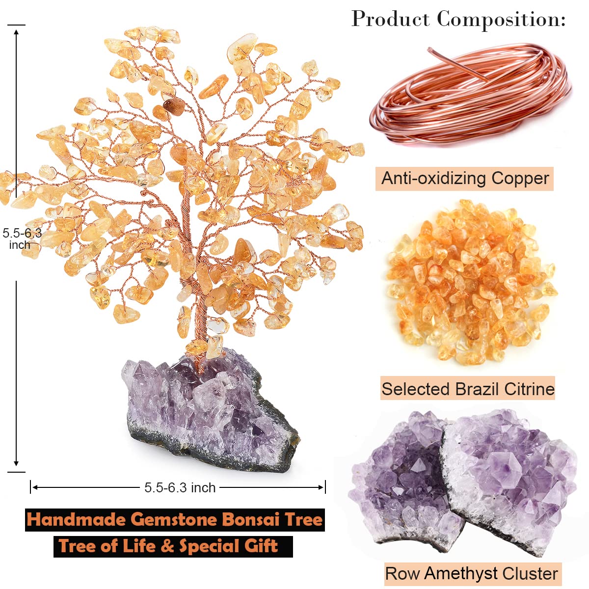 MASGEMES Natural Citrine Crystal Tree with Amethyst Geode Base,Crystal Ornaments Feng Shui Bonsai Money Tree,Chakra Balancing Positive Energy Figurings Decor 5.5"-6.3"