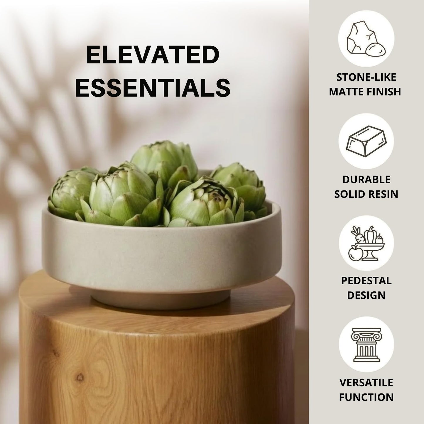 Large Fruit Bowl for Kitchen Counter, Modern Resin Pedestal Centerpiece, Stone-Look Matte Finish in Natural Sandstone, Decorative Bowl for Dining Table, Coffee Table and Entryway, 10.6 inch