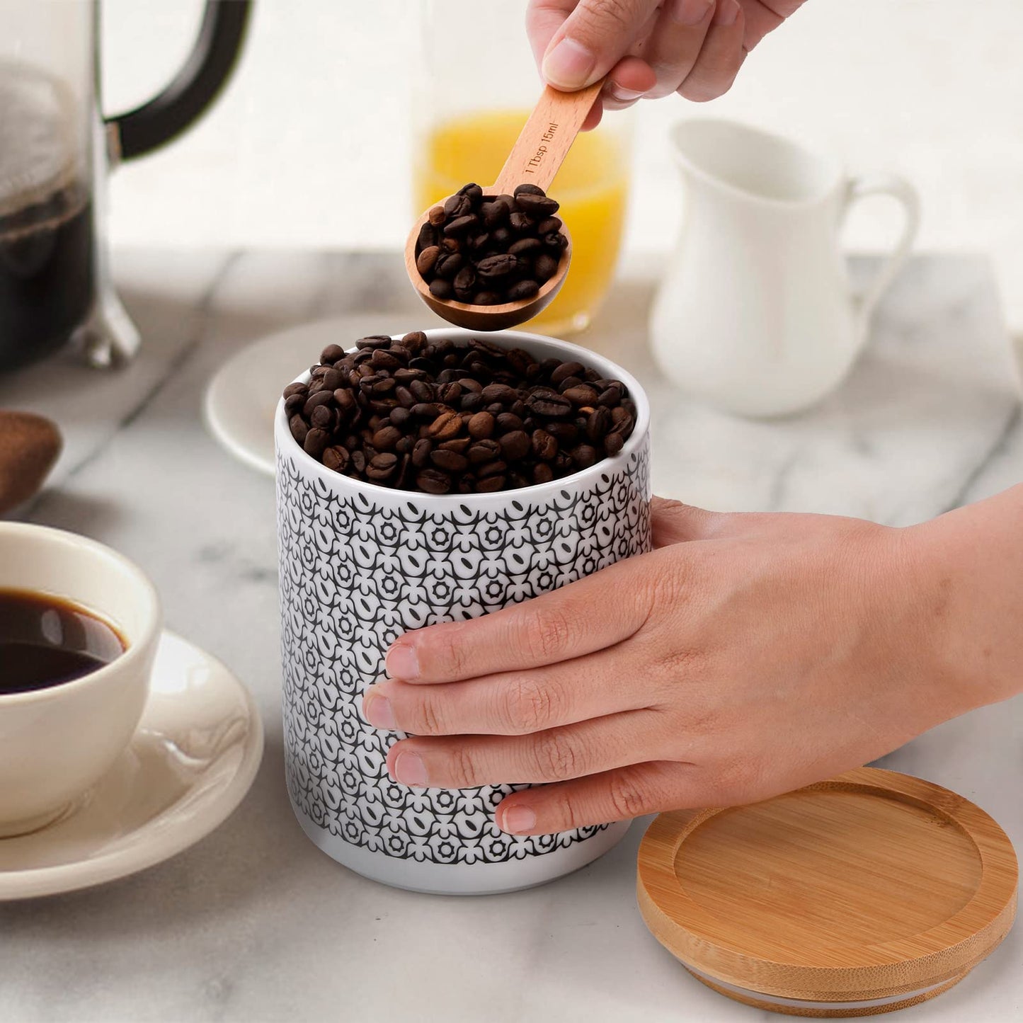 Yesland Ceramic Kitchen Canisters Set of 3, 24oz Airtight Food Storage Jars with Bamboo Lids, Round Coffee Tea Sugar Containers, Lead-Free Dishwasher Safe, Black Flower Pattern