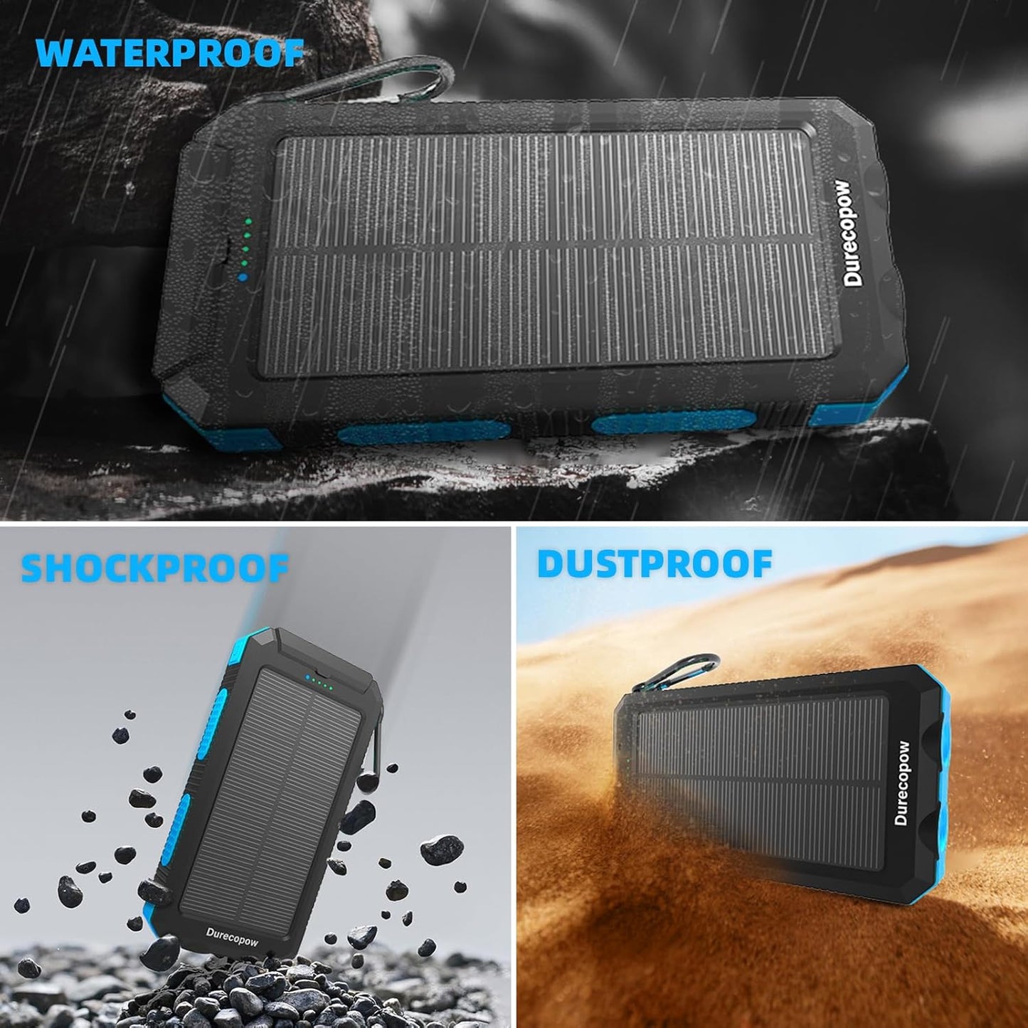 Solar Charger Power Bank 20,000mAh, Portable Charger, 4 Cables 3 Ports Fast Charging External Battery Pack with USB C for Cell Phones, Solar Panel Charger with Dual Flashlight for Camping