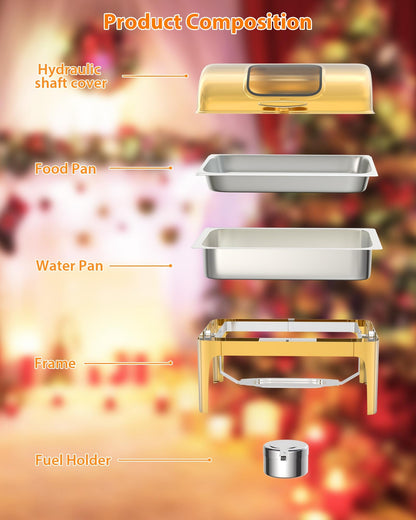 GarveeHome Roll Top Chafing Dish for Buffet, 9QT Retangle Stainless Steel Food Warmer Server with Visible Lid Water Pan Stand Fuel Holder Clip,for Parties, Birthday, Hotels and Weddings, Gold