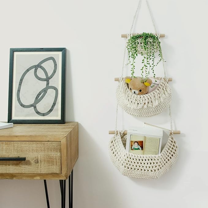 Hanging Fruit Basket, 3 Tier Over The Door Organizer, Handmade Woven Cotton